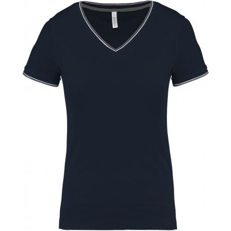 Camiseta de punto piqué y cuello de pico para mujer