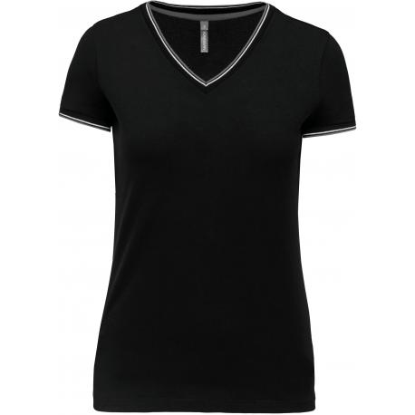 Camiseta de punto piqué y cuello de pico para mujer
