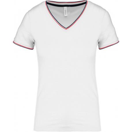 Camiseta de punto piqué y cuello de pico para mujer