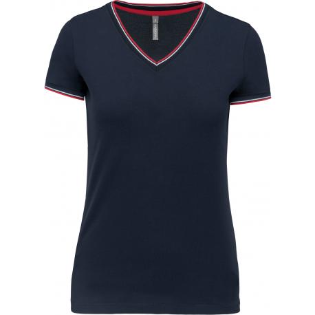 Camiseta de punto piqué y cuello de pico para mujer