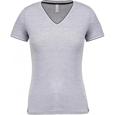 Camiseta de punto piqué y cuello de pico para mujer