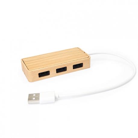Puerto USB con cuerpo de bambú natural y cable en blanco NEPTUNE