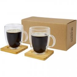 Dos tazas de vidrio de doble pared de 350 ml con posavasos de bambú manti Manti