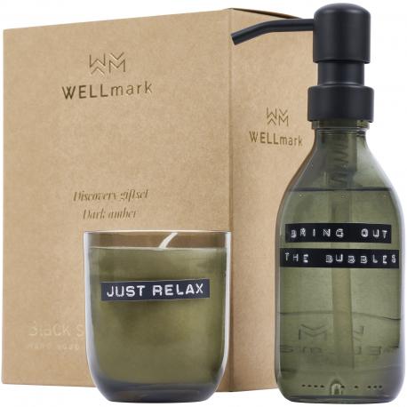 Dispensador de jabón de manos de 200 ml y juego de velas aromáticas de 150 g con fragancia de ámbar oscuro Wellmark discovery