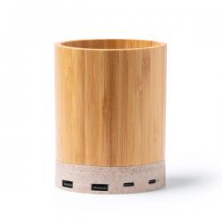 Lapicero  con cuerpo de bambú y base con funcíon de cagador inalámbrico realizado en fibra de trigo CELIK
