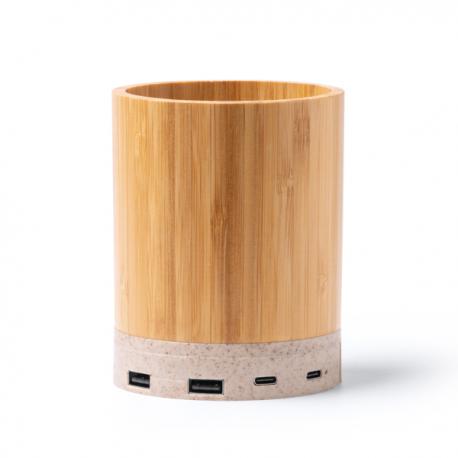 Lapicero  con cuerpo de bambú y base con funcíon de cagador inalámbrico realizado en fibra de trigo CELIK