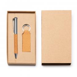 Set de bolígrafo y llavero de cuero reciclado con detalles metálicos SET FEZ