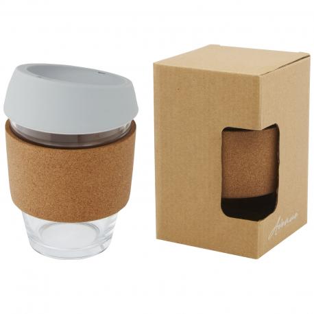 Vaso de vidrio borosilicato de 360 ml con agarre de corcho y tapa de silicona Lidan