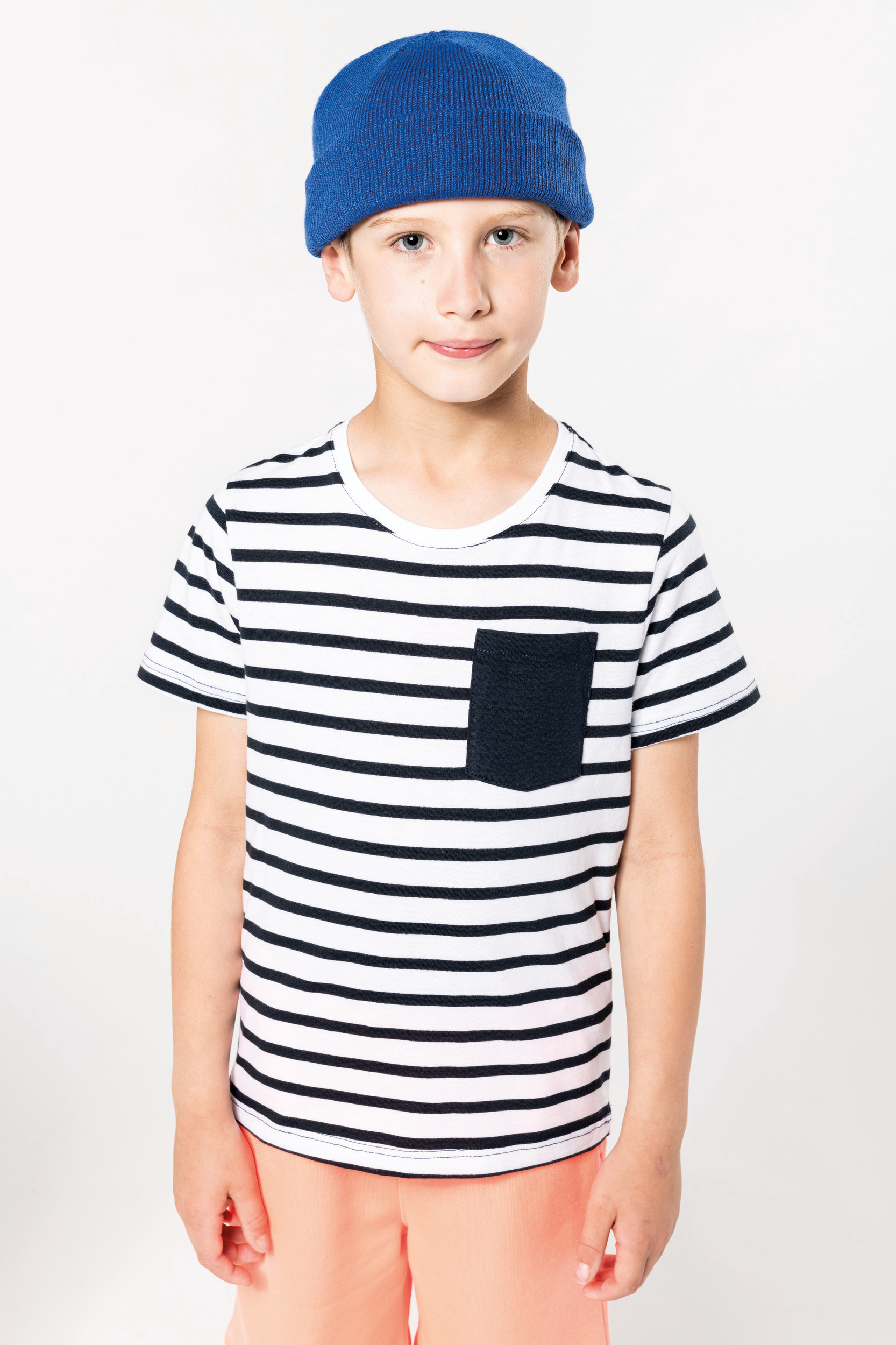 Camiseta corta marinero a rayas bolsillo para niños